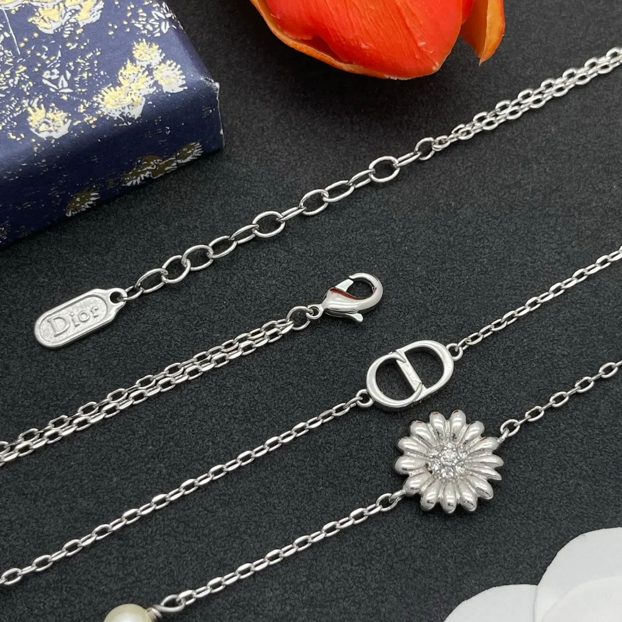 Dior Silver White Double-Chain Pearl-Accented Necklace 6