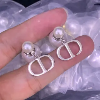 Dior Silver White Double-Pearl Stud Hanging CD Logo Charm Earrings