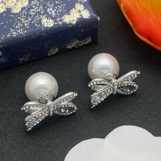 Dior Silver White Pearl-Back Stud Crystal-Embellished Bow Earrings