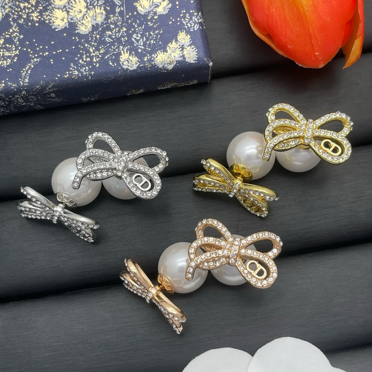 Dior Silver White Pearl-Back Stud Crystal-Embellished Bow Earrings 2