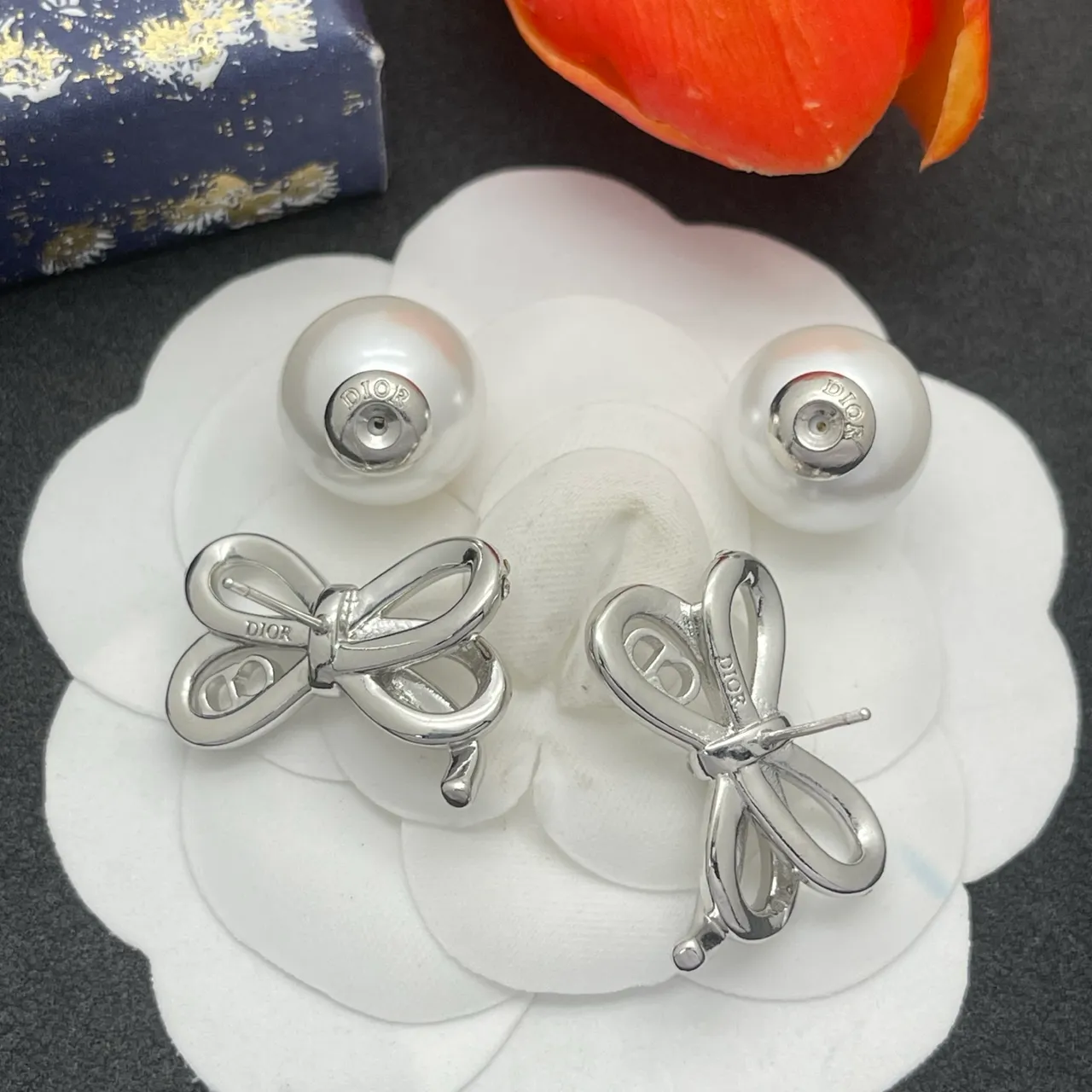 Dior Silver White Pearl-Back Stud Crystal-Embellished Bow Earrings 3