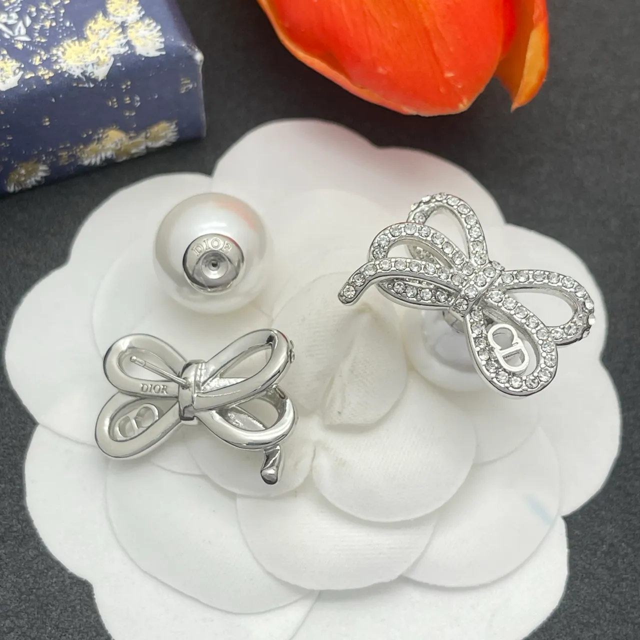 Dior Silver White Pearl-Back Stud Crystal-Embellished Bow Earrings 4