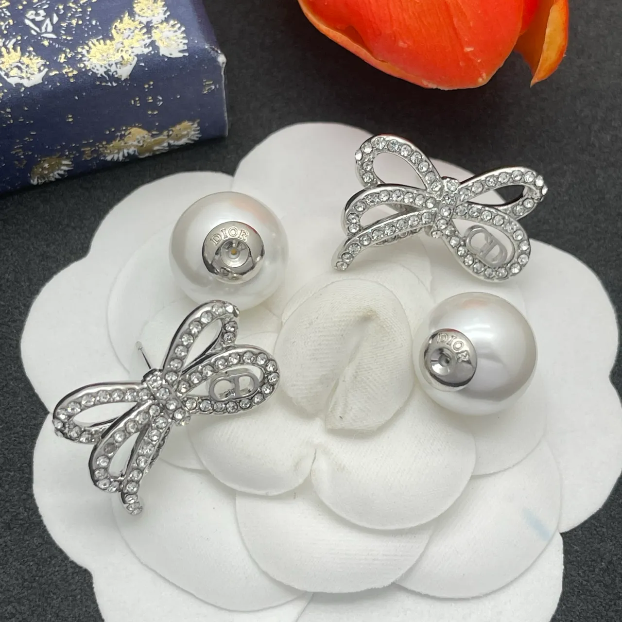 Dior Silver White Pearl-Back Stud Crystal-Embellished Bow Earrings 5