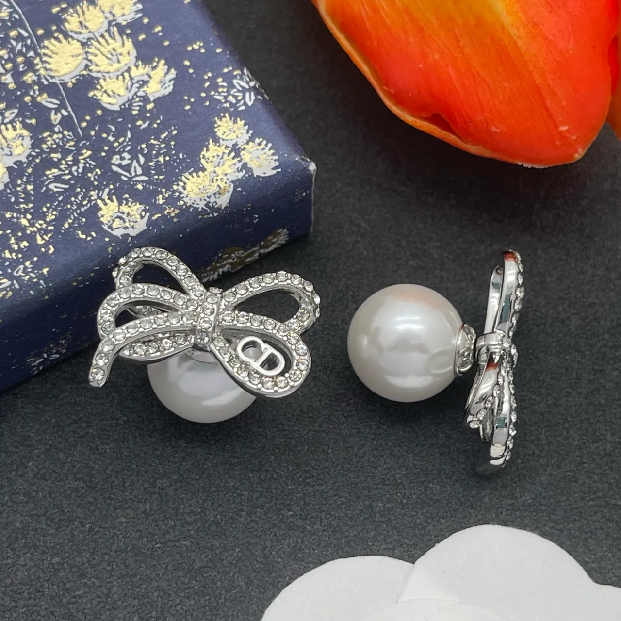 Dior Silver White Pearl-Back Stud Crystal-Embellished Bow Earrings 6