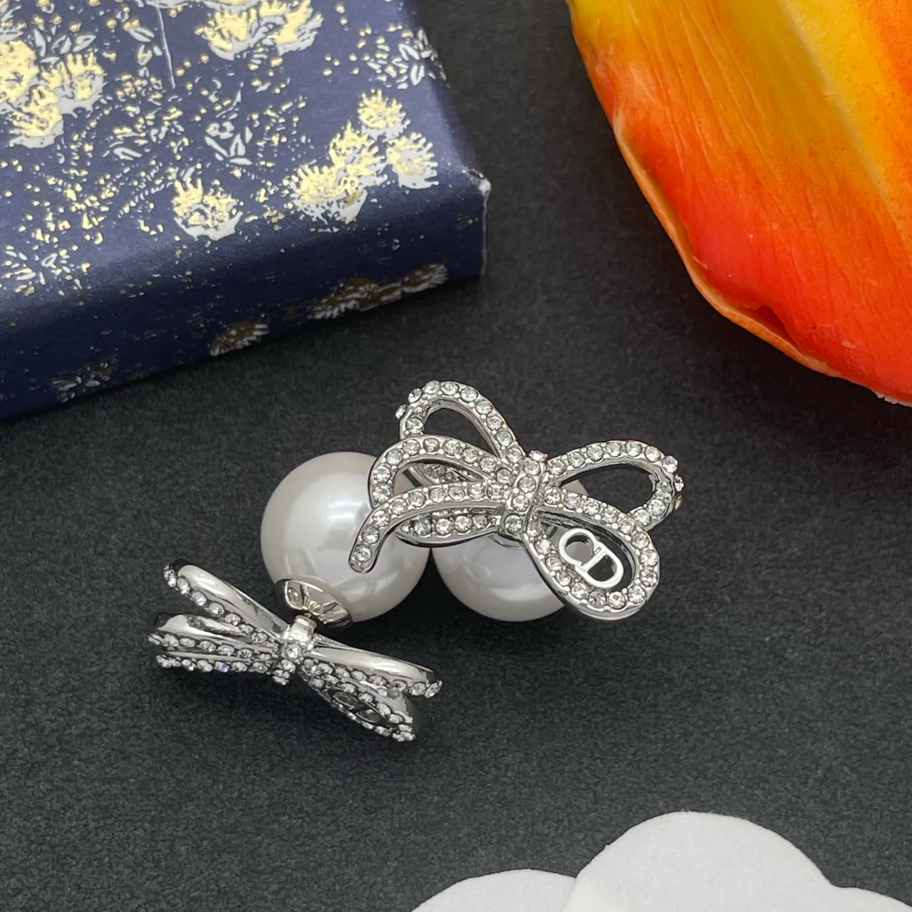 Dior Silver White Pearl-Back Stud Crystal-Embellished Bow Earrings 7