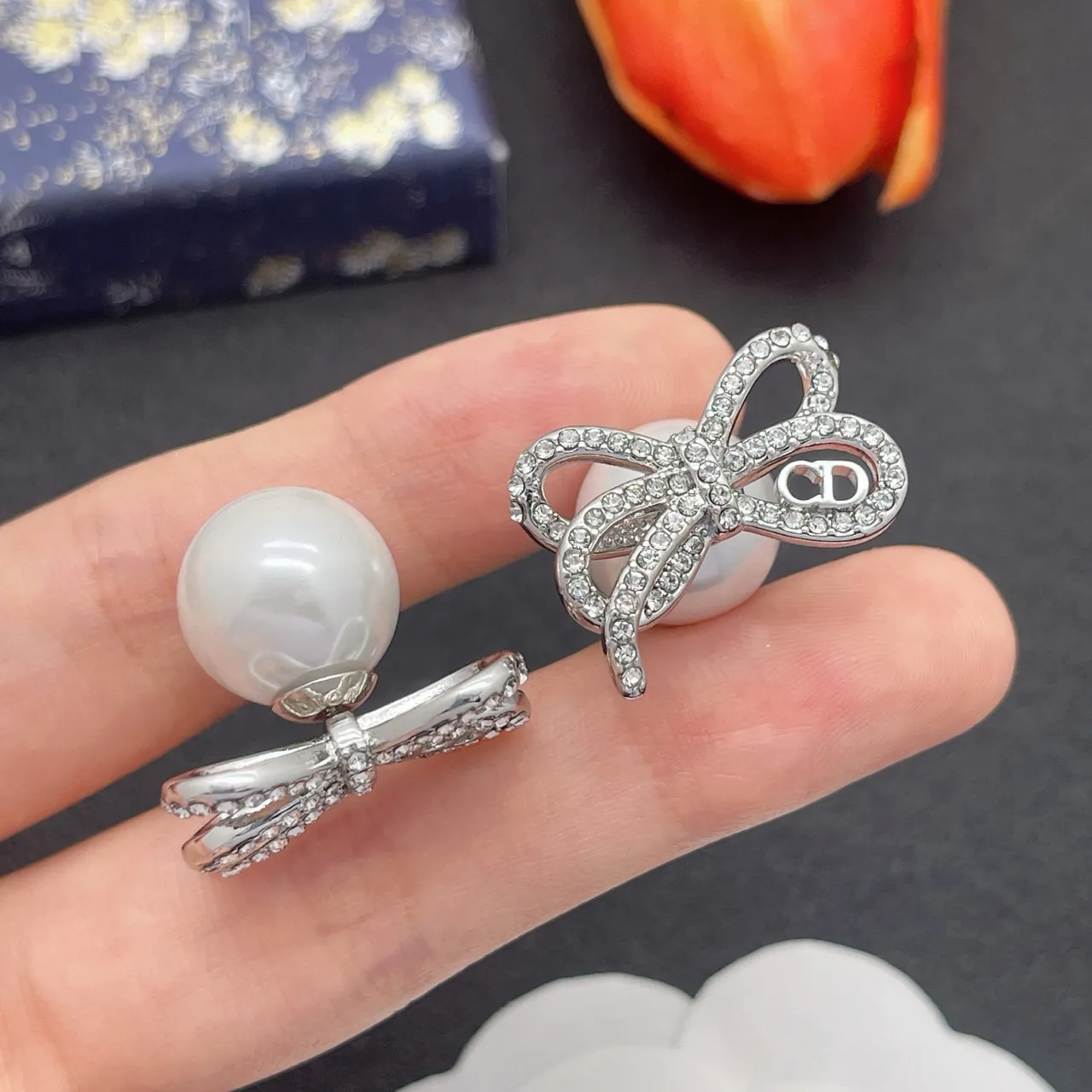 Dior Silver White Pearl-Back Stud Crystal-Embellished Bow Earrings 8