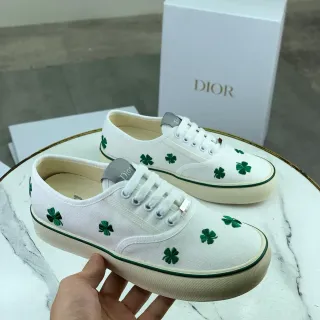 Dior White Green Canvas Upper Embroidered Four-Leaf Clover Motifs Lifestyle Sneakers