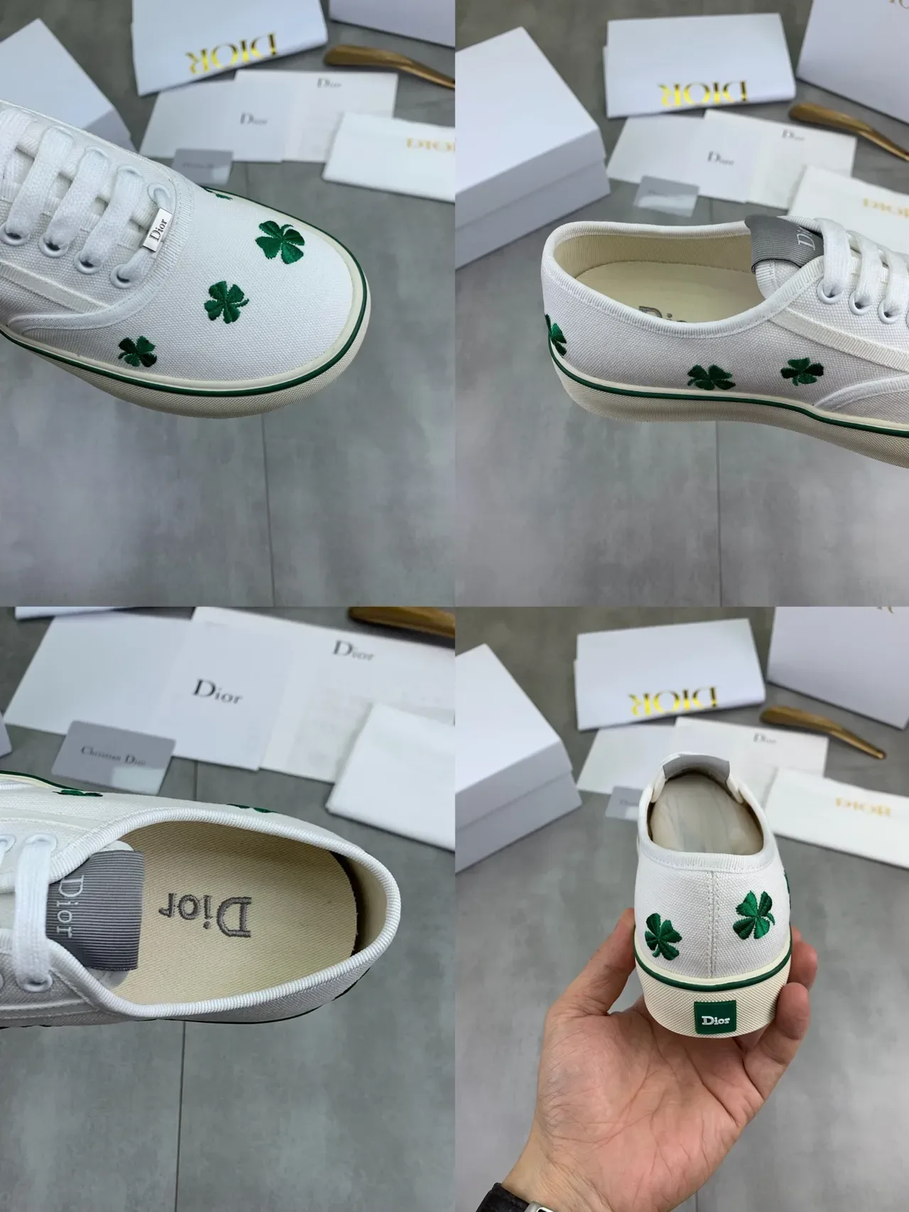 Dior White Green Canvas Upper Embroidered Four-Leaf Clover Motifs Lifestyle Sneakers 2