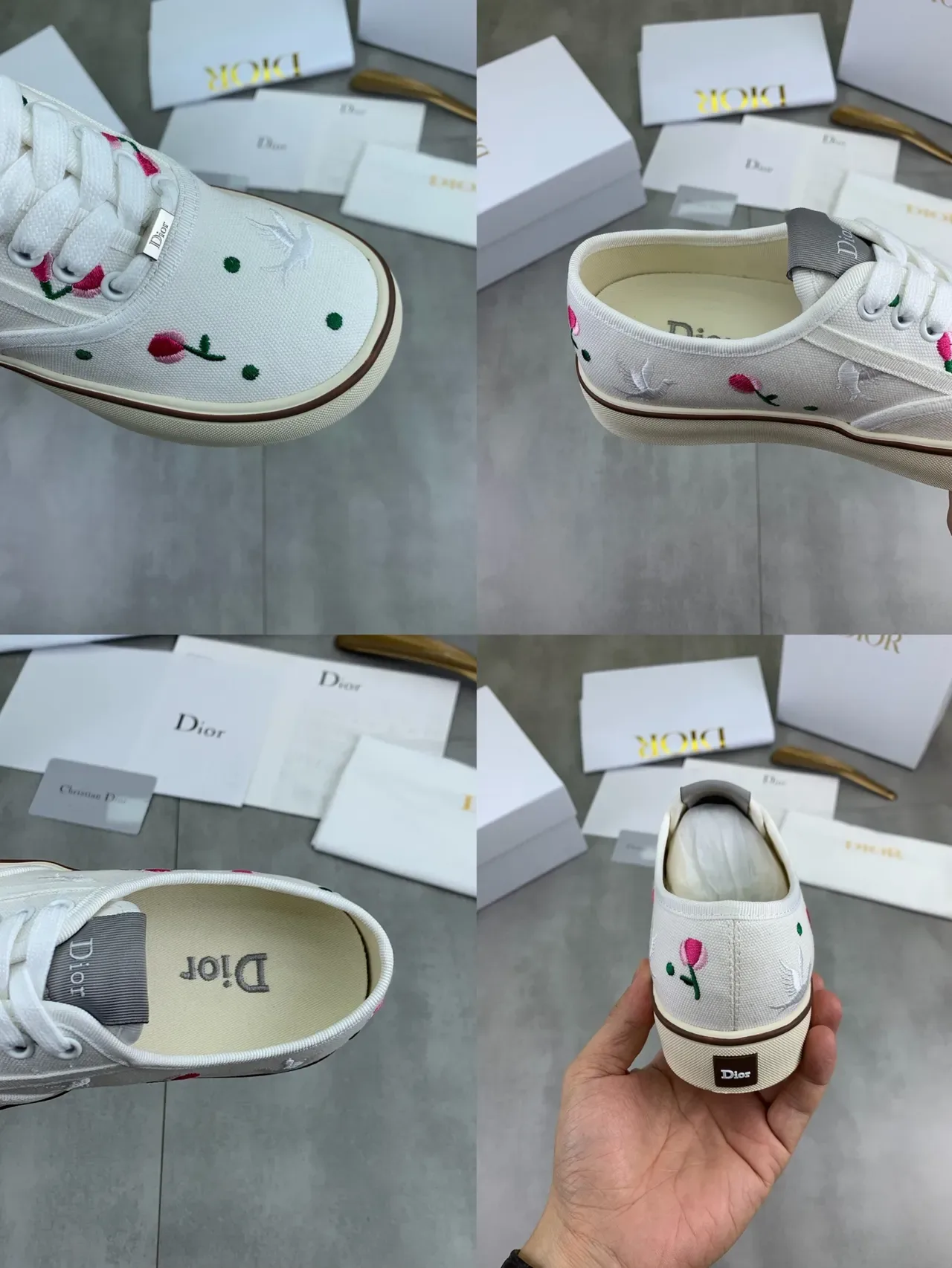 Dior Tênis Lifestyle Branco e Rosa Bordados Florais de Lona Superior 2
