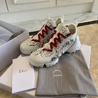 Dior White Red Graffiti-Print Upper Contrast Laces Chunky Sneakers