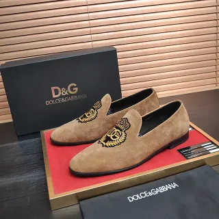 Dolce & Gabbana Beige Black Suede Upper Embroidered Crest Loafer