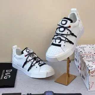 Dolce & Gabbana NS1 White Black Perforated Leather Upper Branded Strap Lacing System Lifestyle Sneakers