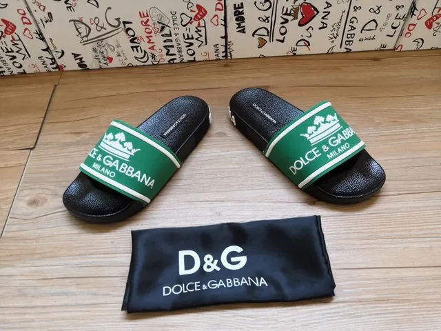 Dolce & Gabbana Portofino Chaussons Noir Vert Semelle en Caoutchouc Large Bande avec Marque 3