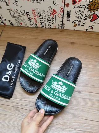 Dolce & Gabbana Portofino Chaussons Noir Vert Semelle en Caoutchouc Large Bande avec Marque 4