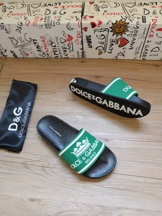 Dolce & Gabbana Portofino Chaussons Noir Vert Semelle en Caoutchouc Large Bande avec Marque 5
