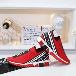 Dolce & Gabbana Red Black Slip-On Knit Upper Bold Side Branding Bands Lifestyle Sneakers