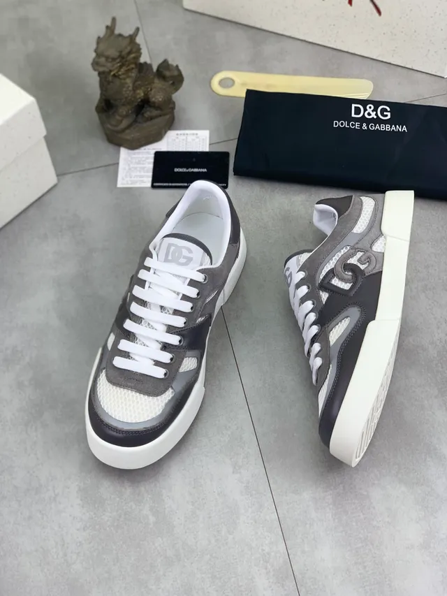 Dolce & Gabbana رمادي أبيض طبقة شبكة وجلد ناعم علوي كعب منصة سميك أحذية أسلوب حياة 5
