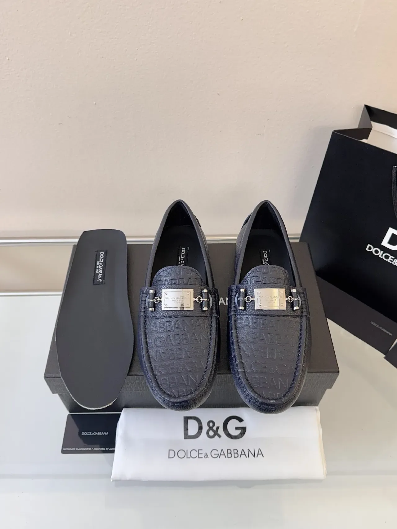Dolce & Gabbana Portofino Bleu Marine Cuir Pebbled Mocassins 6