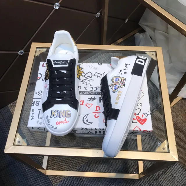 Dolce & Gabbana Portofino Tênis Lifestyle Brancos e Pretos com Graffiti-Print de Couro e Borracha 8