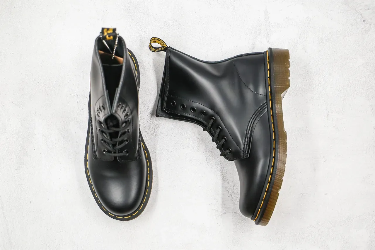 Dr. Martens 1460 Black Smooth Leather Yellow Stitch Martin Boots 9