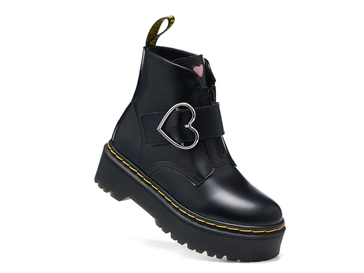 Dr. Martens Botas de plataforma preta e amarela com fivela em forma de coração para tornozelo 3