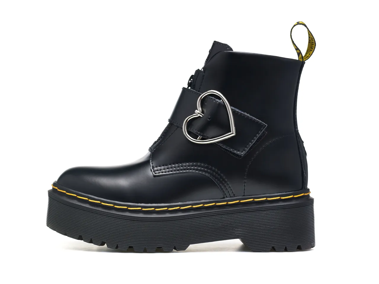 Dr. Martens Botas de plataforma preta e amarela com fivela em forma de coração para tornozelo 7