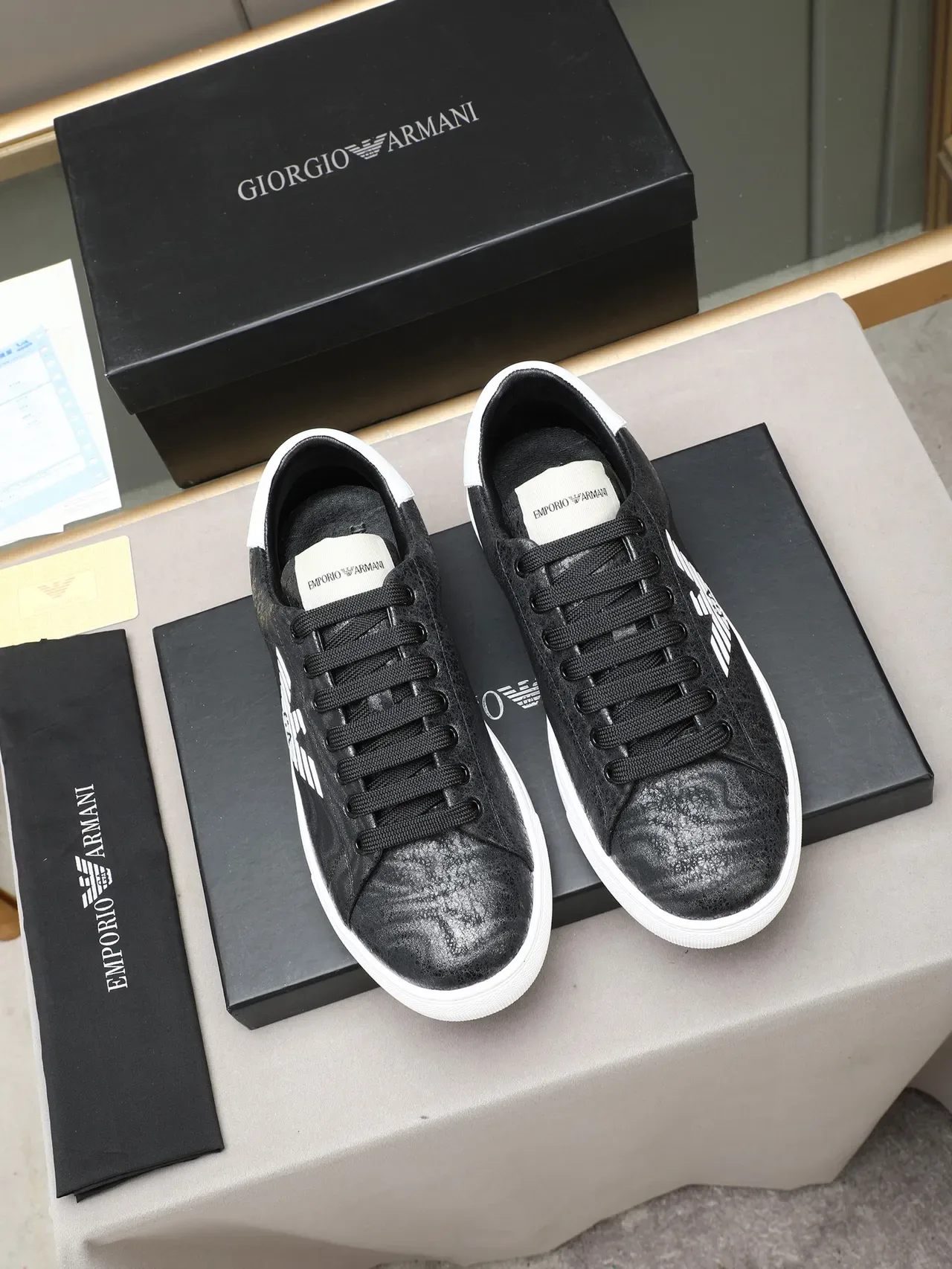 Emporio Armani Black White Textured Leather Upper Contrast Midsole Lifestyle Sneakers 2