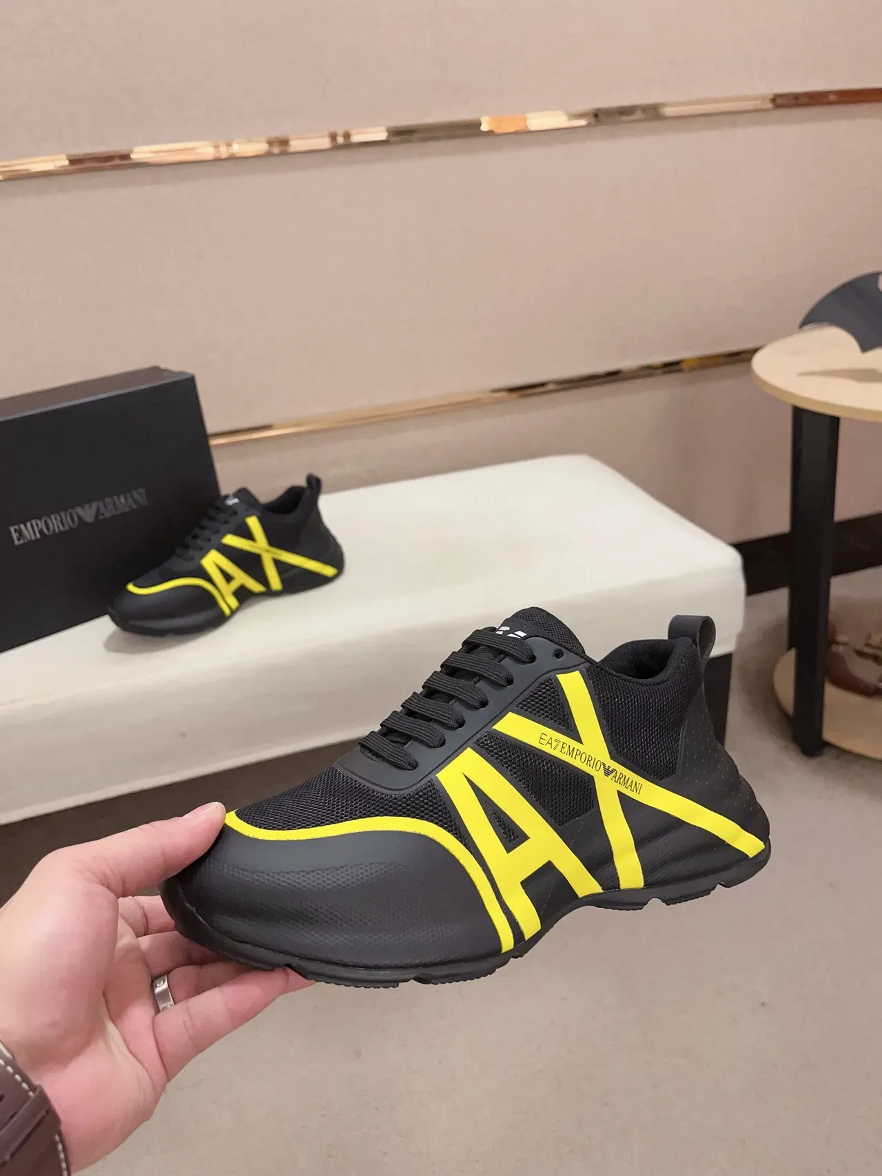 Emporio Armani Black Yellow Mesh And Synthetic Upper Bold Graphic Logo Sneakers 3