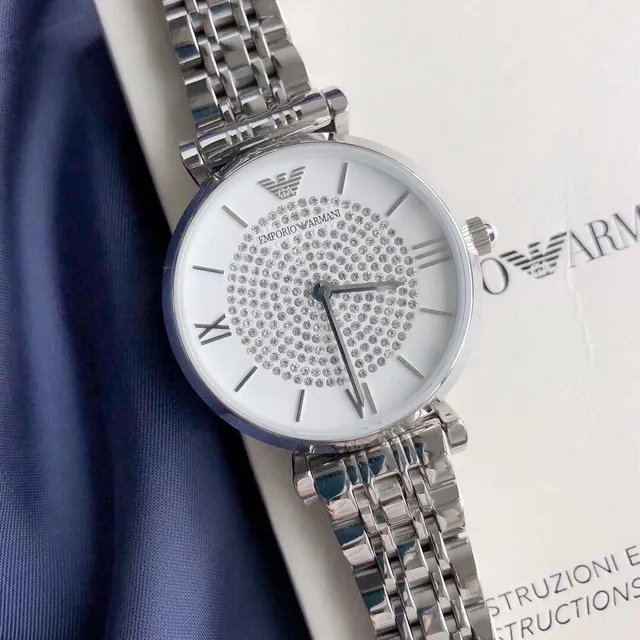 Emporio Armani ساعة كلاسيكية فضية أبيضة الفولاذ المقاوم للصدأ بافيه كريستال القرص كوارتز 2