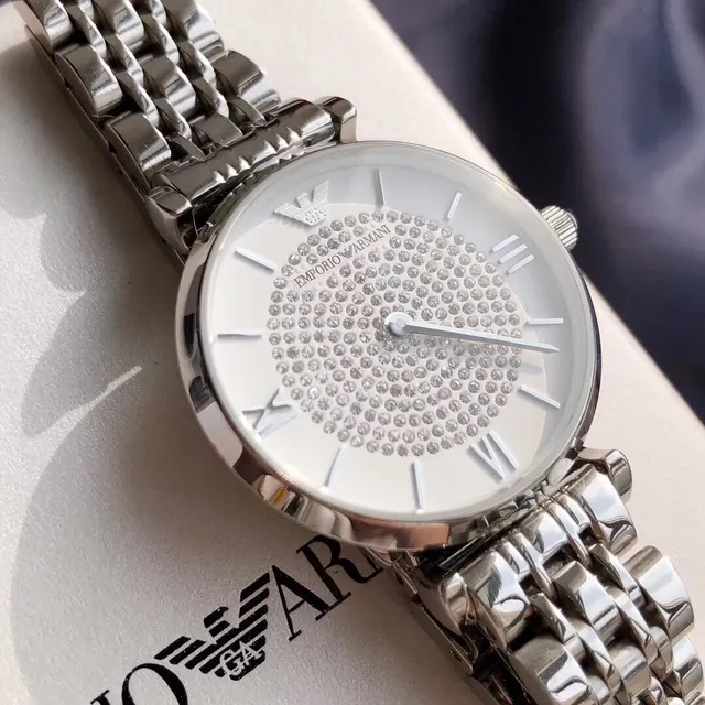 Emporio Armani ساعة كلاسيكية فضية أبيضة الفولاذ المقاوم للصدأ بافيه كريستال القرص كوارتز 4