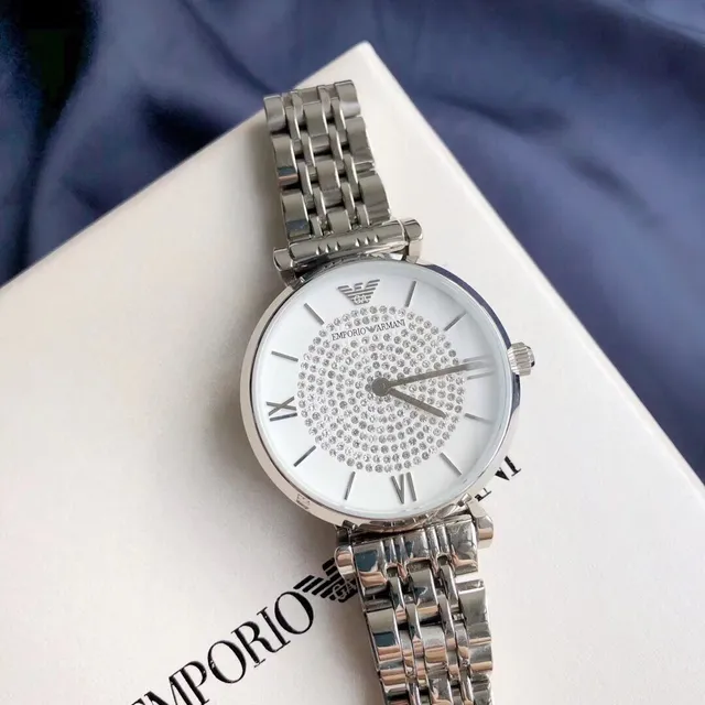 Emporio Armani ساعة كلاسيكية فضية أبيضة الفولاذ المقاوم للصدأ بافيه كريستال القرص كوارتز 6