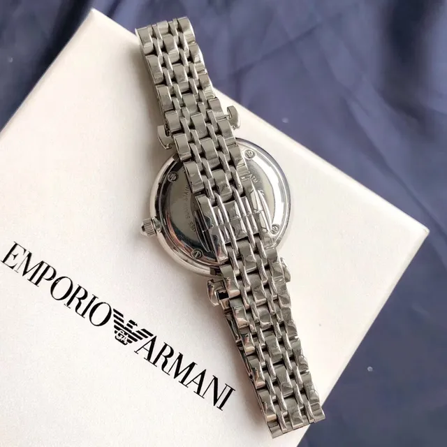 Emporio Armani ساعة كلاسيكية فضية أبيضة الفولاذ المقاوم للصدأ بافيه كريستال القرص كوارتز 7