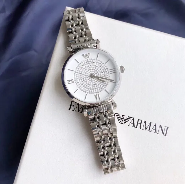 Emporio Armani ساعة كلاسيكية فضية أبيضة الفولاذ المقاوم للصدأ بافيه كريستال القرص كوارتز 8