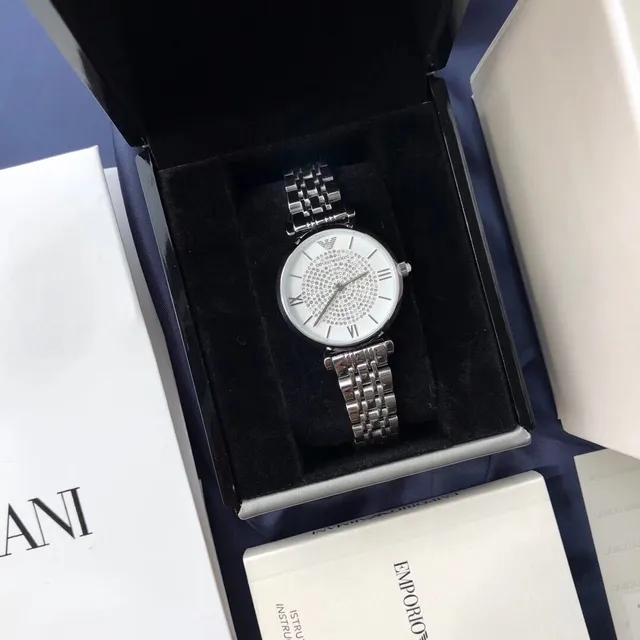 Emporio Armani ساعة كلاسيكية فضية أبيضة الفولاذ المقاوم للصدأ بافيه كريستال القرص كوارتز 9