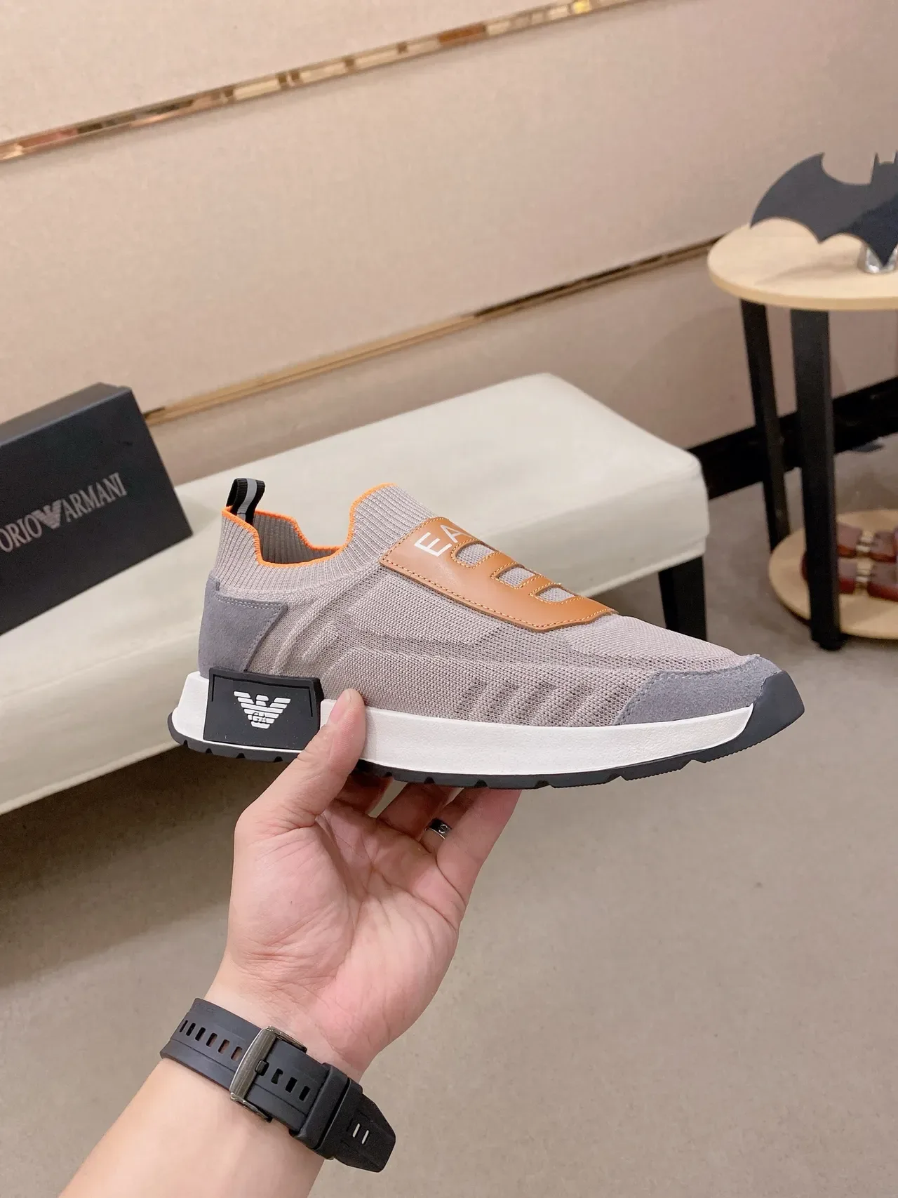 Emporio Armani Cinza Bege Tricô Superior Construção Slip-On Lifestyle Sneakers 4