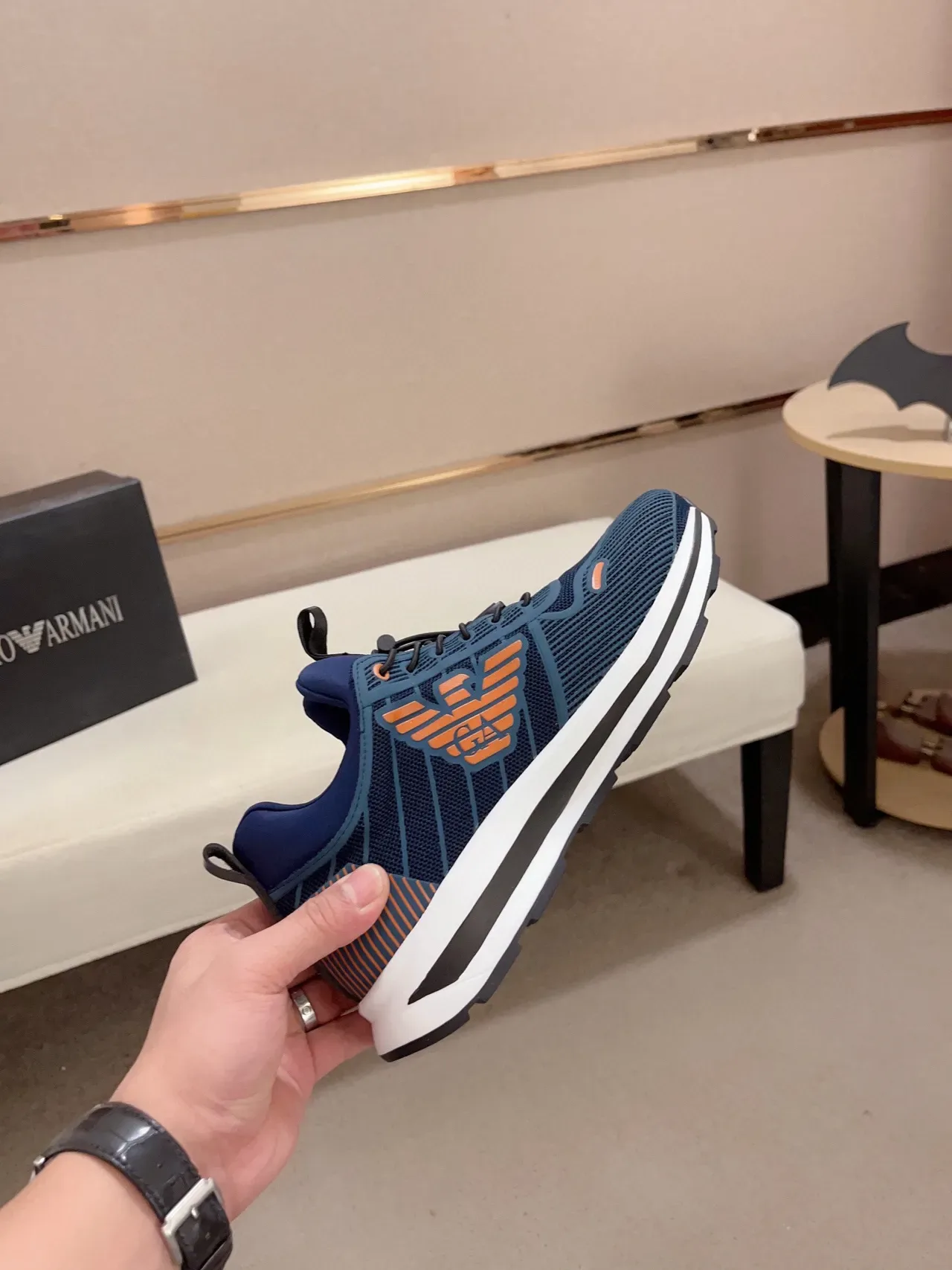 Emporio Armani Navy Blue and Orange Eagle Logo Lifestyle Sneakers 6