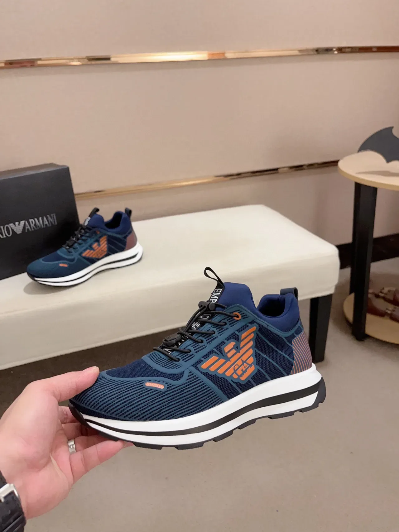 Emporio Armani Navy Blue and Orange Eagle Logo Lifestyle Sneakers 8