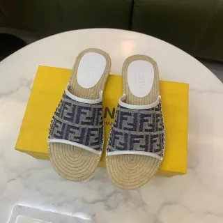 Fendi Beige Navy FF Monogram Jacquard Strap Woven Jute Espadrille Sole Slippers
