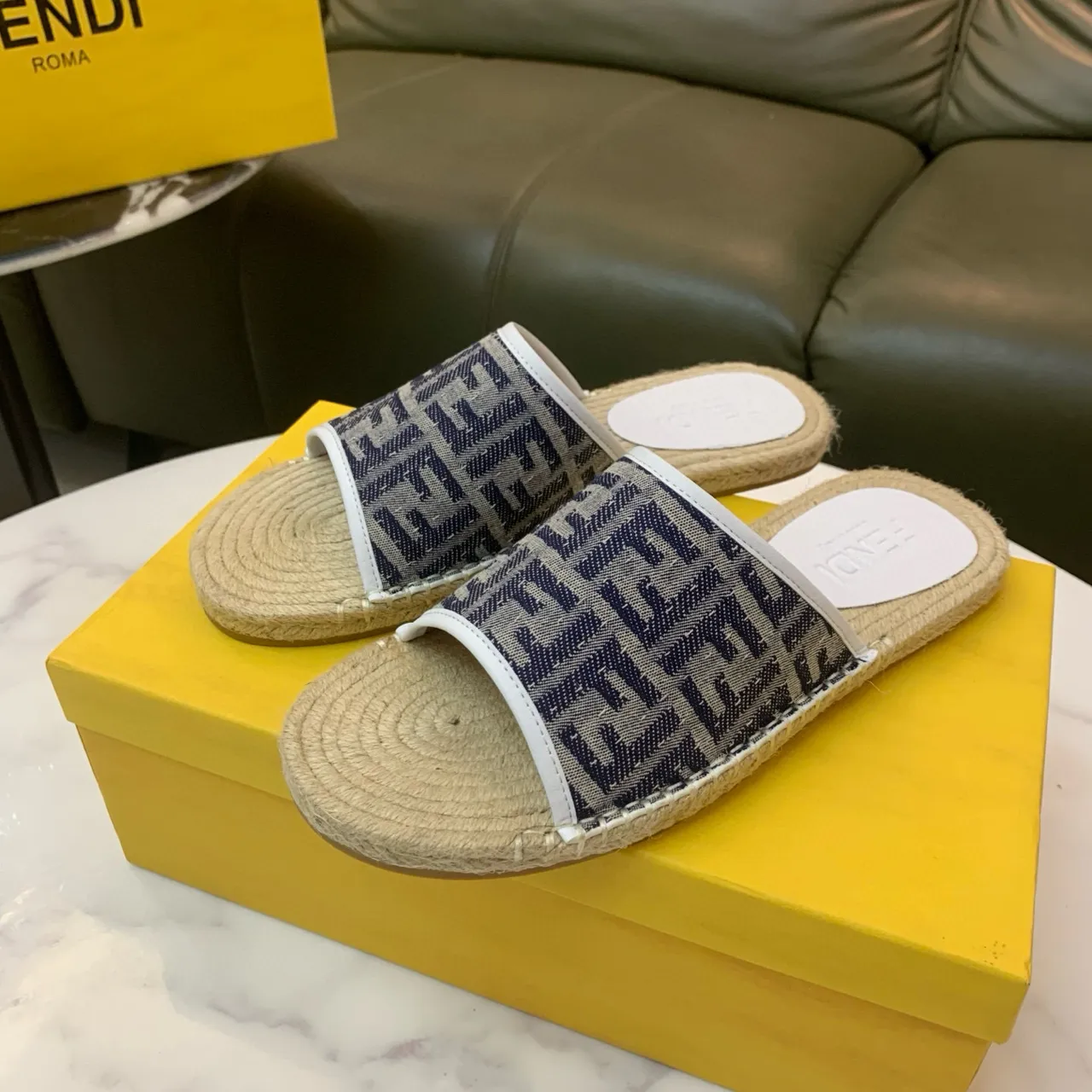 Fendi بيج بحري FF Monogram Jacquard Strap Woven Jute Espadrille Sole نعال 2