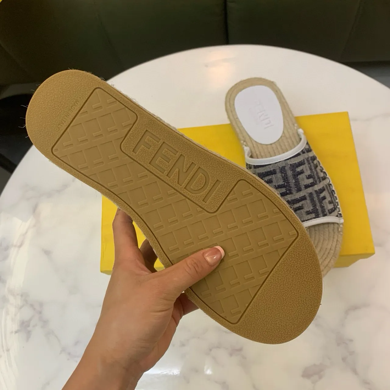 Fendi بيج بحري FF Monogram Jacquard Strap Woven Jute Espadrille Sole نعال 7