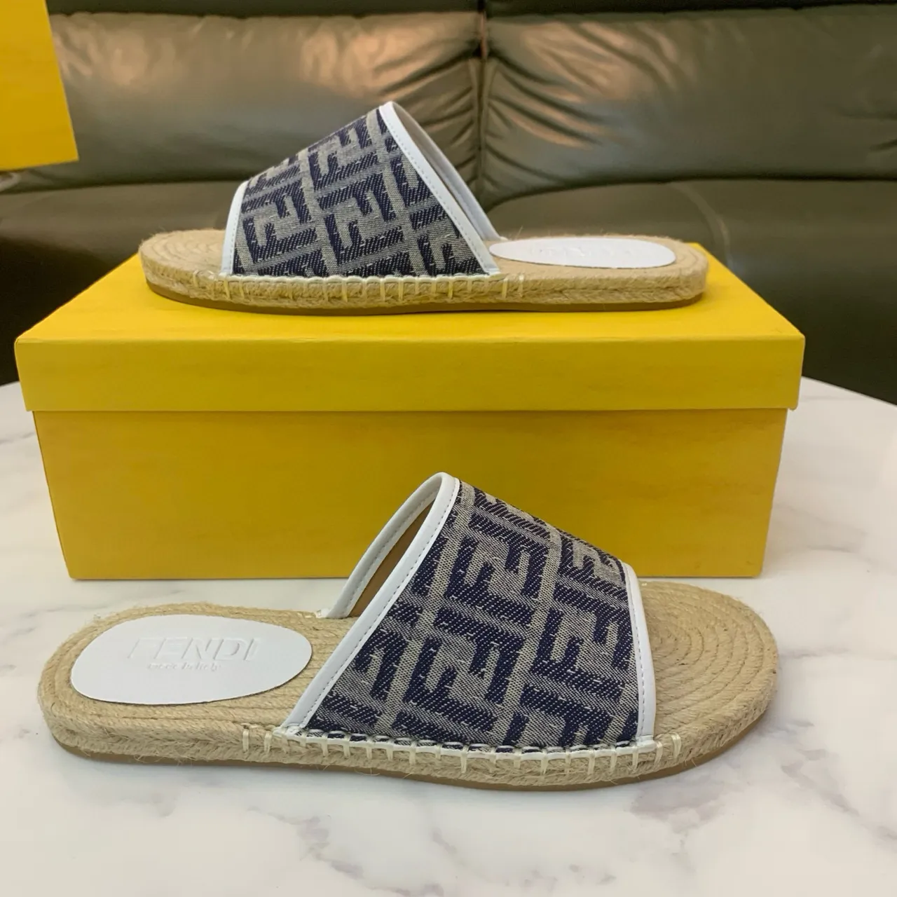 Fendi بيج بحري FF Monogram Jacquard Strap Woven Jute Espadrille Sole نعال 8