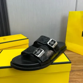 Fendi Black Silver Double-Strap Buckled Slippers