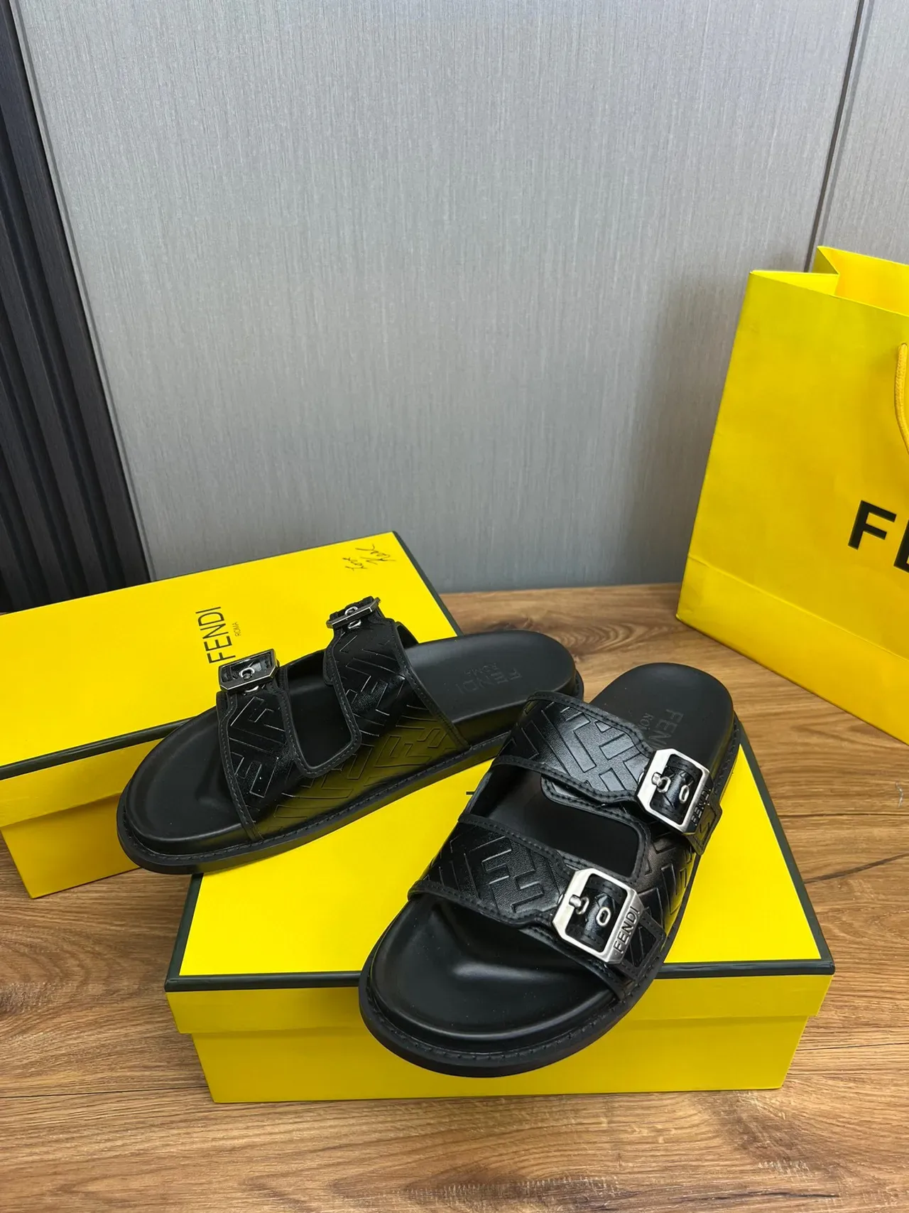 Fendi Black Silver Double-Strap Buckled Slippers 2
