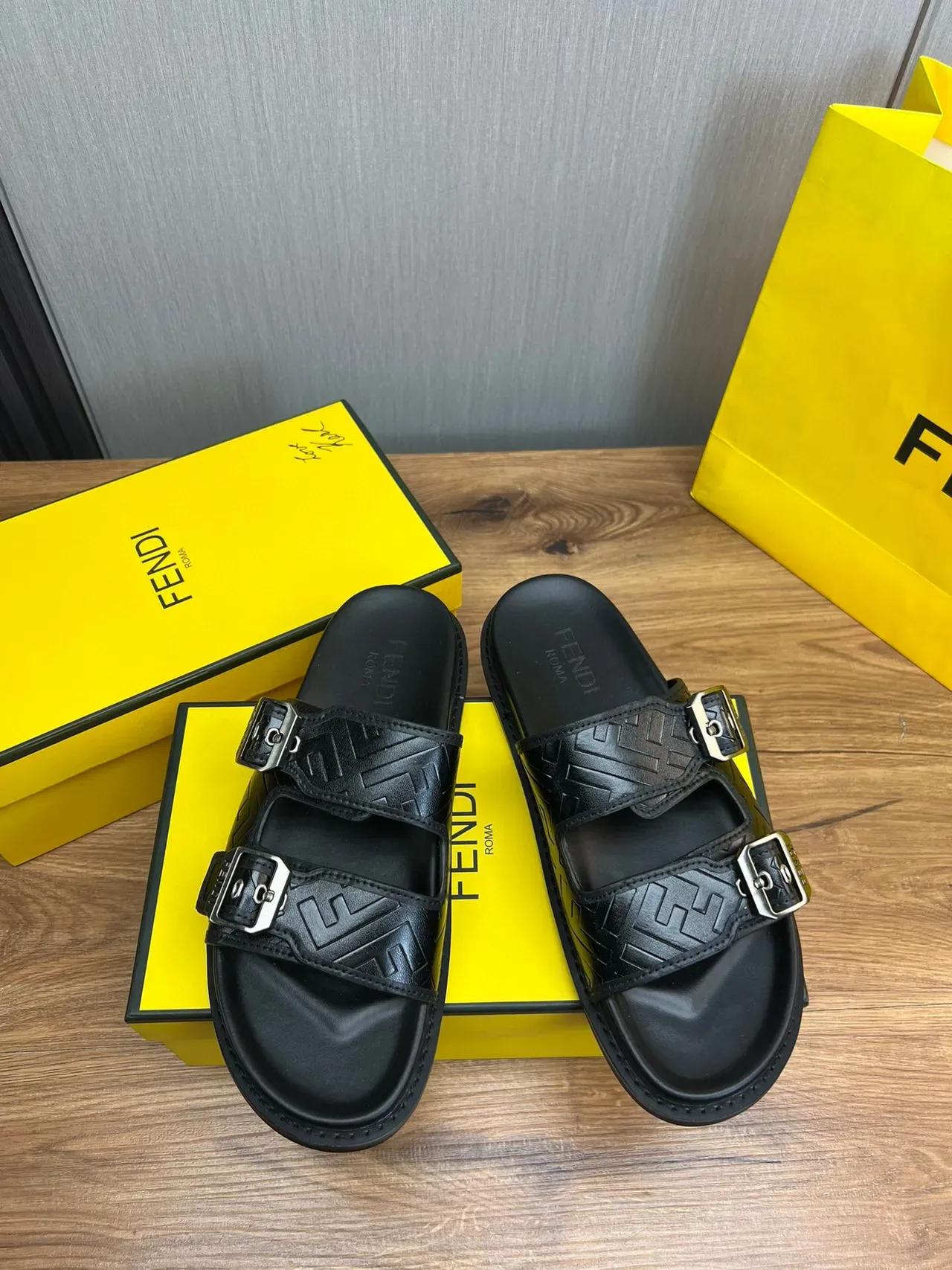 Fendi Black Silver Double-Strap Buckled Slippers 3