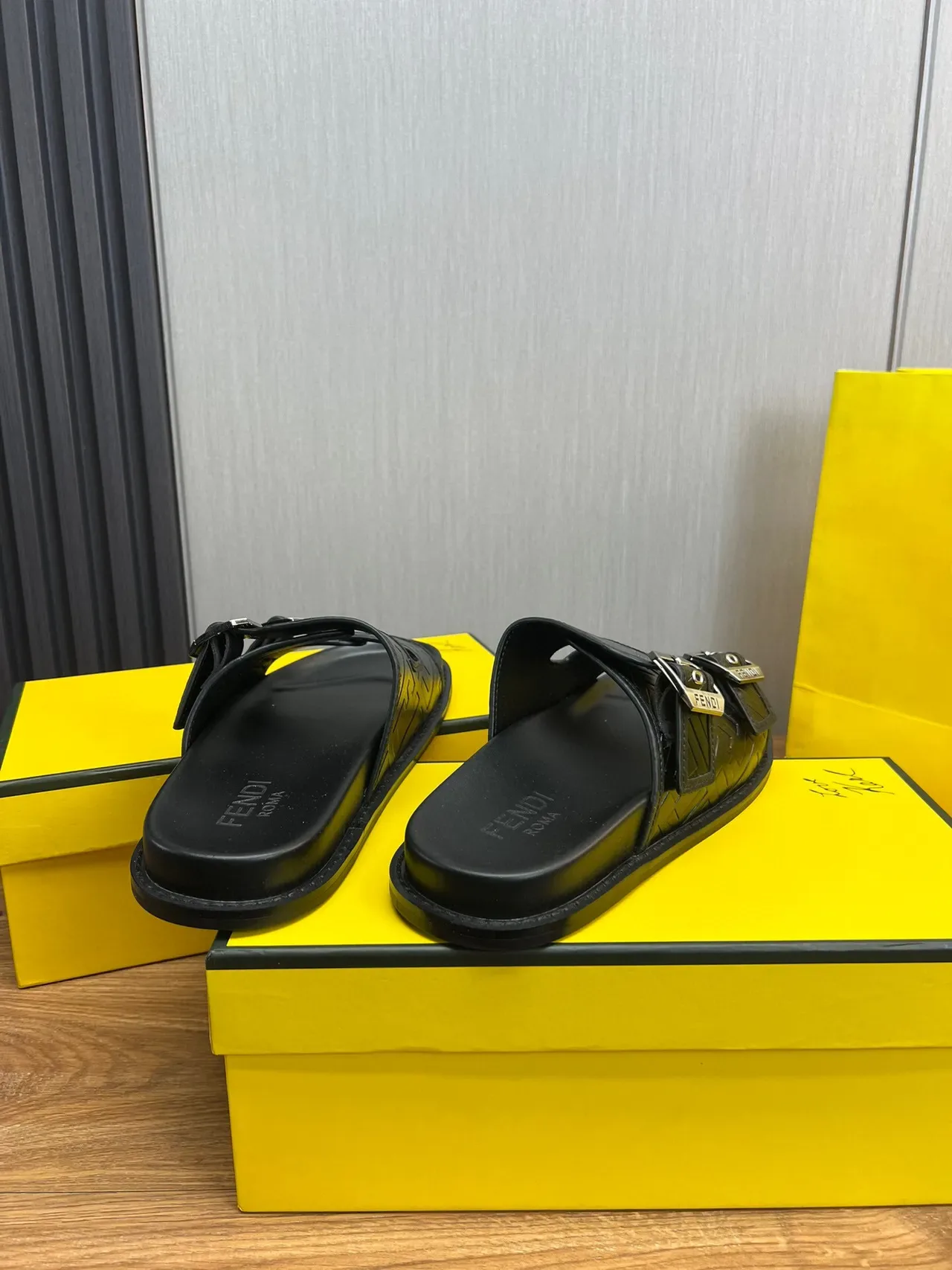 Fendi Black Silver Double-Strap Buckled Slippers 4