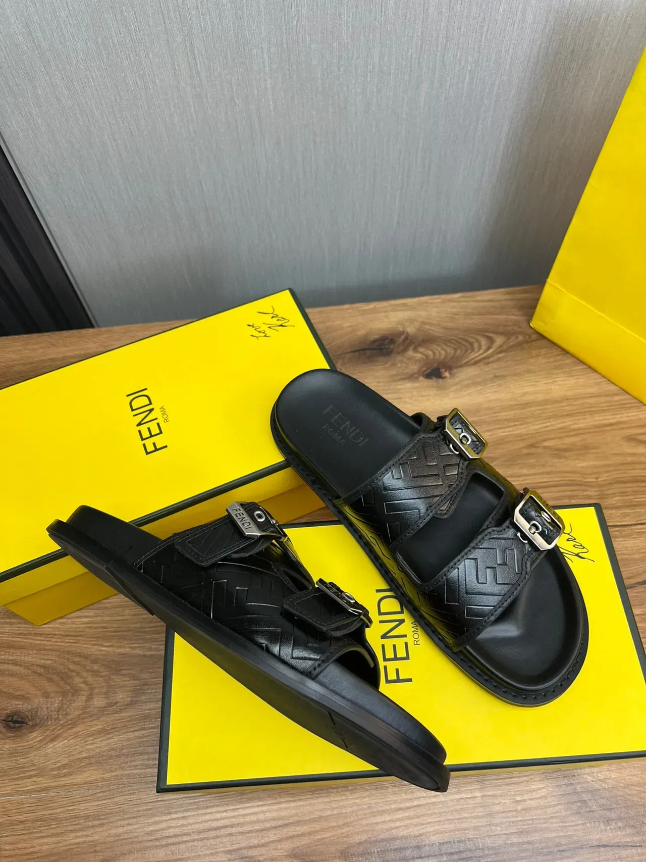 Fendi Black Silver Double-Strap Buckled Slippers 5