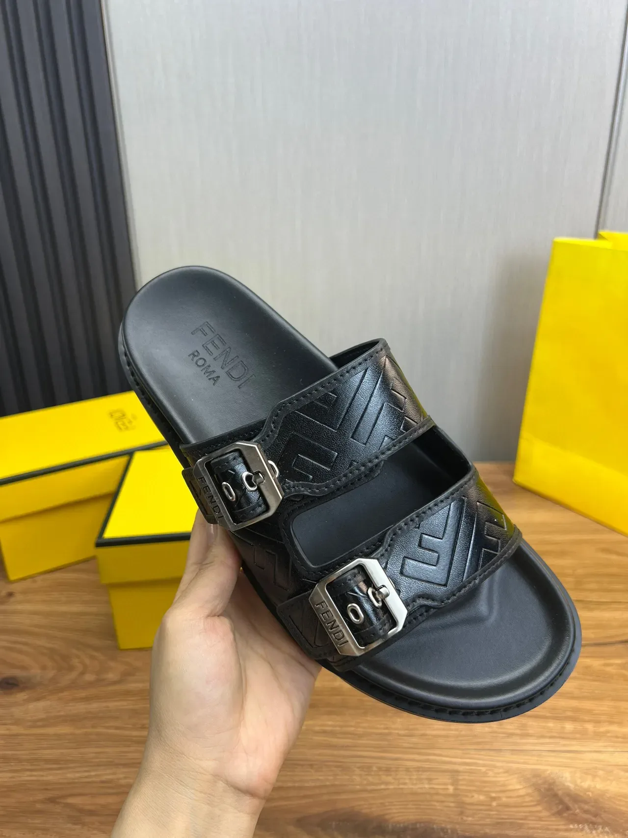 Fendi Black Silver Double-Strap Buckled Slippers 6