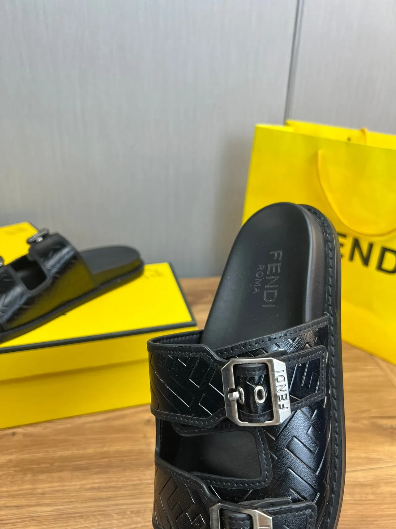 Fendi Black Silver Double-Strap Buckled Slippers 7