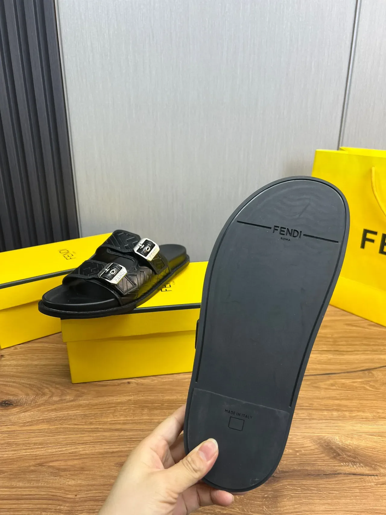 Fendi Black Silver Double-Strap Buckled Slippers 8