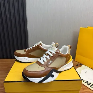 Fendi Brown Beige Sole Multi-Panel Leather Chunky Sneakers
